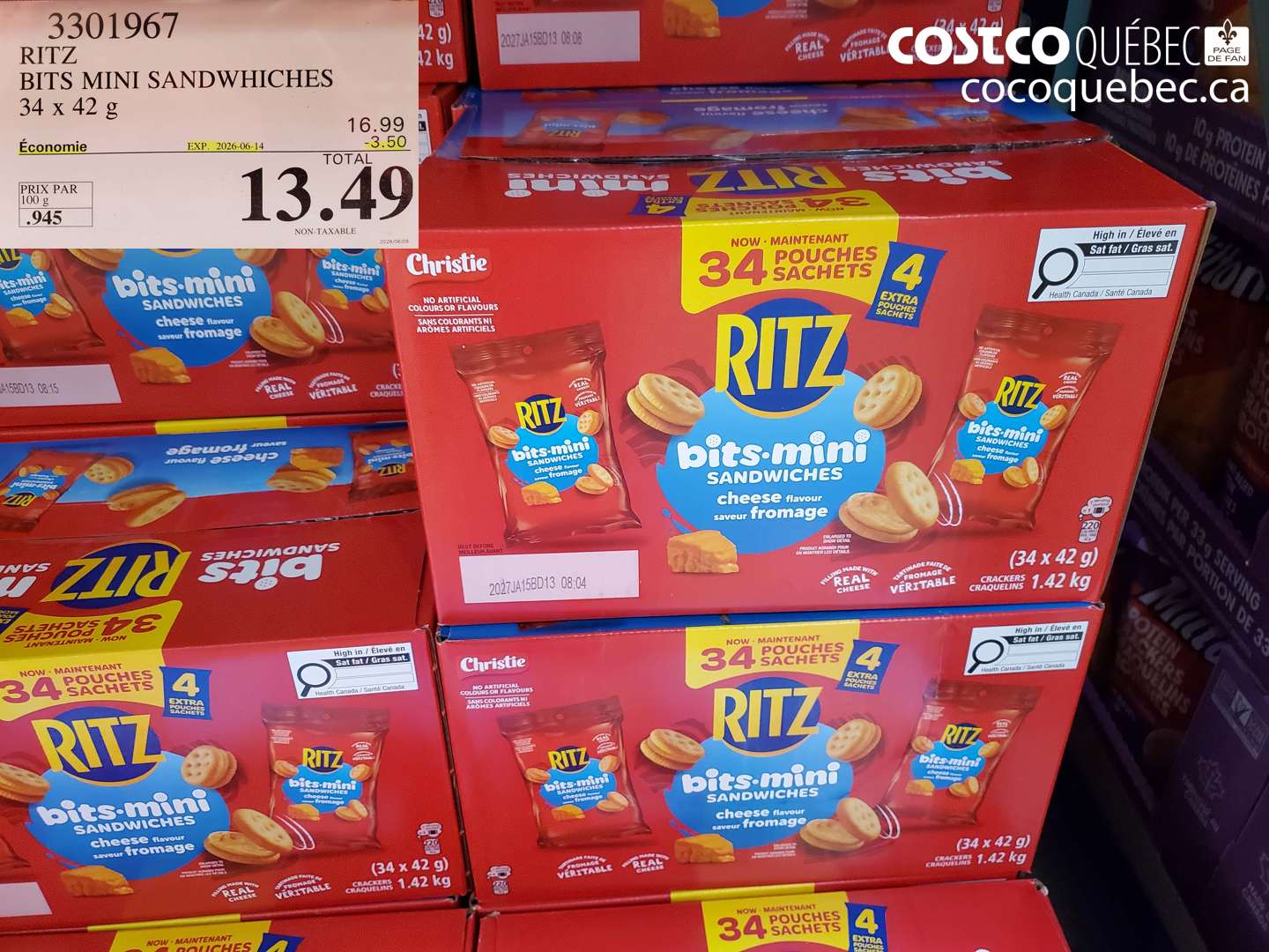 3301967 RITZ BITS MINI SANDWHICHES 34 X 42 G ($3.50 INSTANT SAVINGS EXPIRES ON 2026-06-14) $13.49