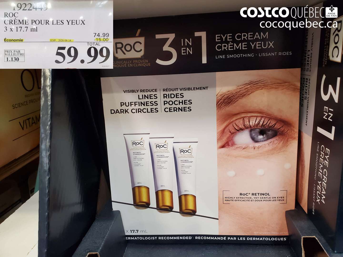 1922449 ROC CRÈME POUR LES YEUX 3 X 17.7 ML ($15.00 INSTANT SAVINGS EXPIRES ON 2026-06-14) $59.99