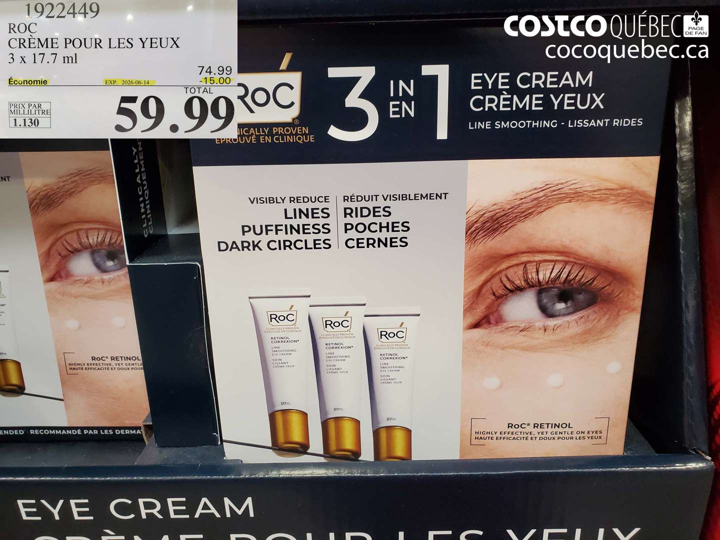 1922449 ROC CRÈME POUR LES YEUX 3 X 17.7 ML ($15.00 INSTANT SAVINGS EXPIRES ON 2026-06-14) $59.99