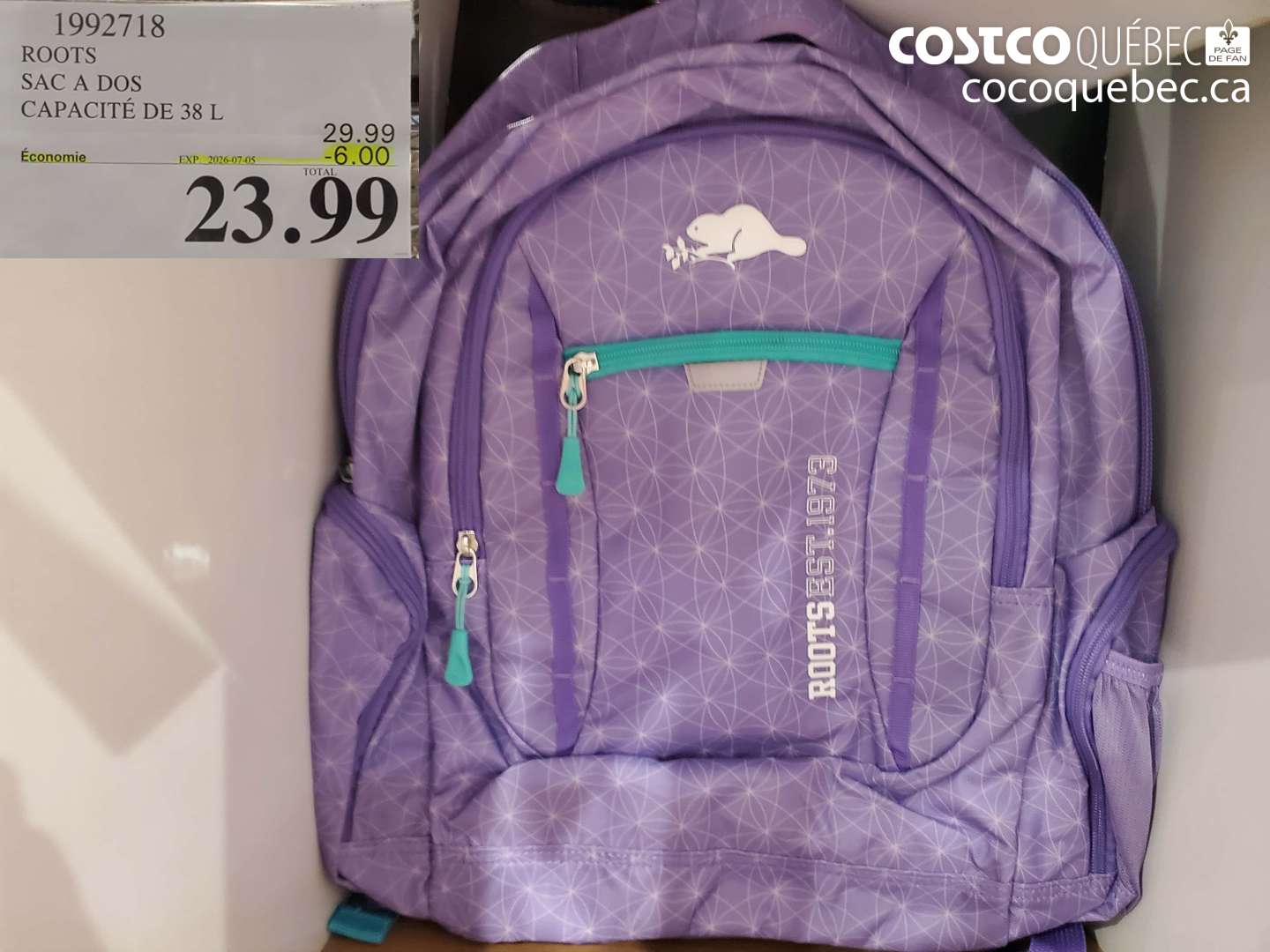 1992718 ROOTS SAC A DOS CAPACITÉ DE 38 L ($6.00 INSTANT SAVINGS EXPIRES ON 2026-07-05) $23.99