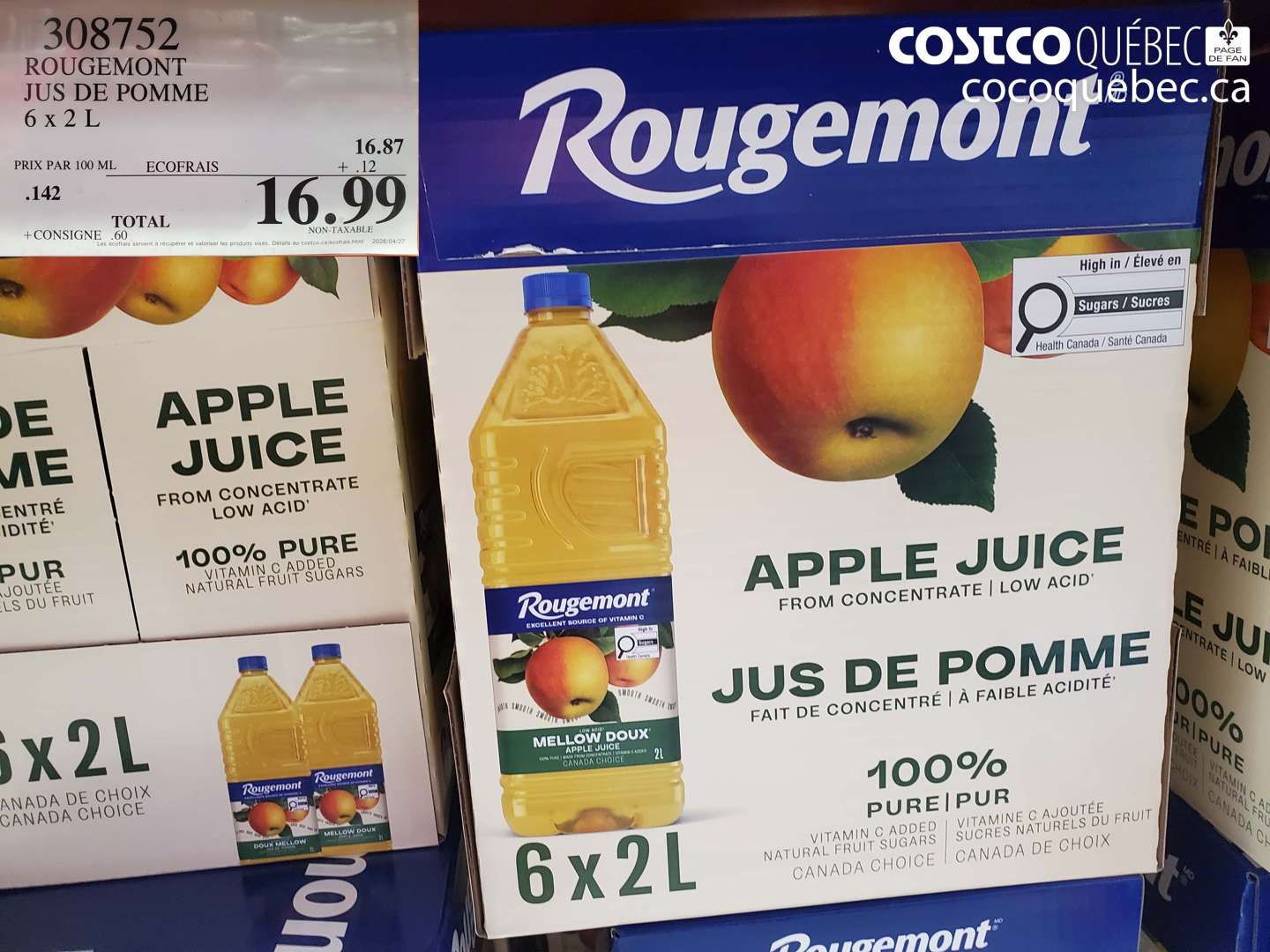 308752 ROUGEMONT JUS DE POMME 6 X 2 L $16.99
