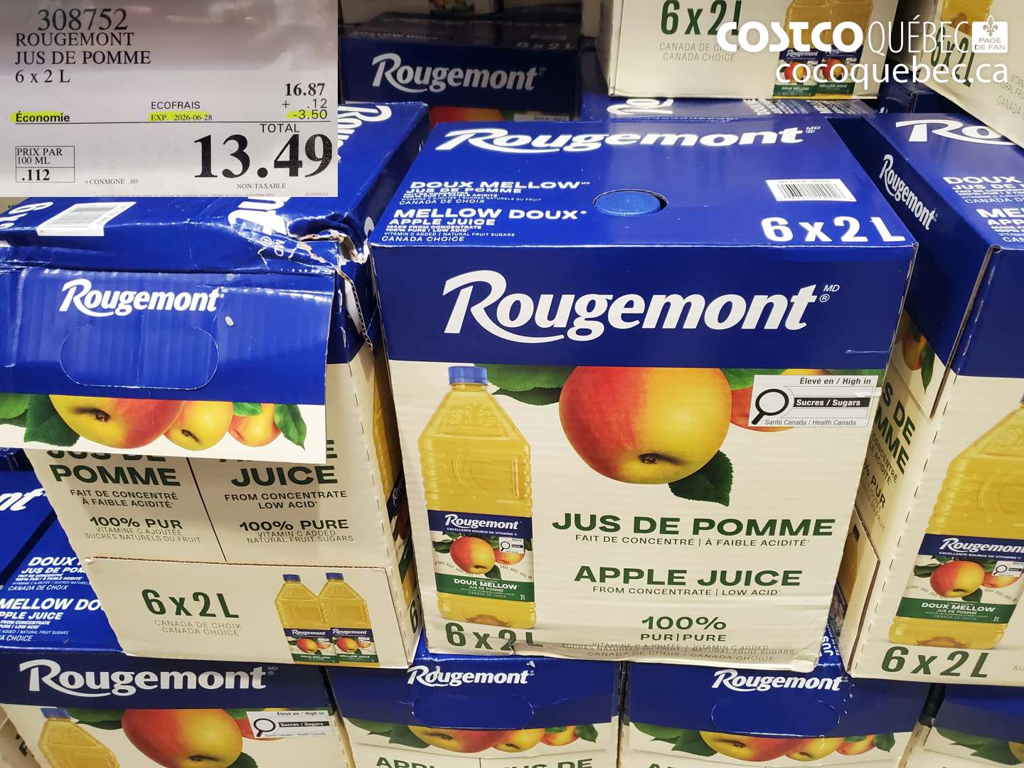 308752 ROUGEMONT JUS DE POMME 6 X 2 L ($3.50 INSTANT SAVINGS EXPIRES ON 2026-06-28) $13.49