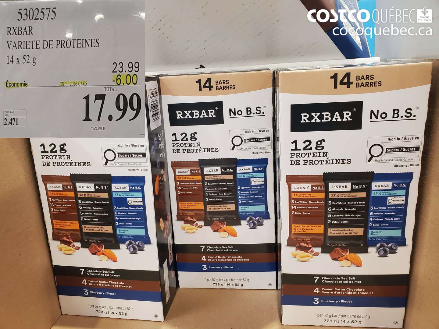 5302575 RXBAR VARIETE DE PROTEINES 14 X 52 G ($6.00 INSTANT SAVINGS EXPIRES ON 2026-07-05) $17.99