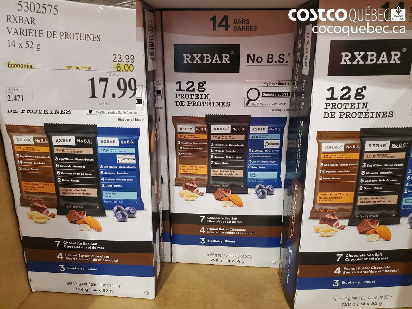 5302575 RXBAR VARIETE DE PROTEINES 14 X 52 G ($6.00 INSTANT SAVINGS EXPIRES ON 2026-07-05) $17.99