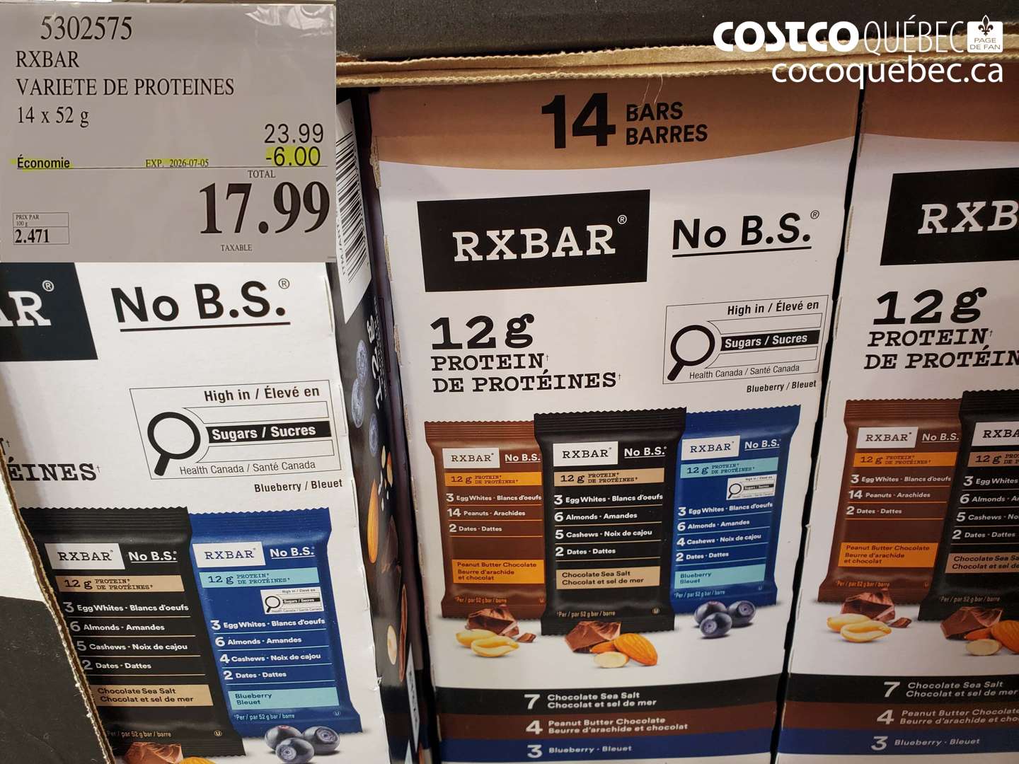 5302575 RXBAR VARIETE DE PROTEINES 14 x 52 G ($6.00 INSTANT SAVINGS EXPIRES ON 2026-07-05) $17.99