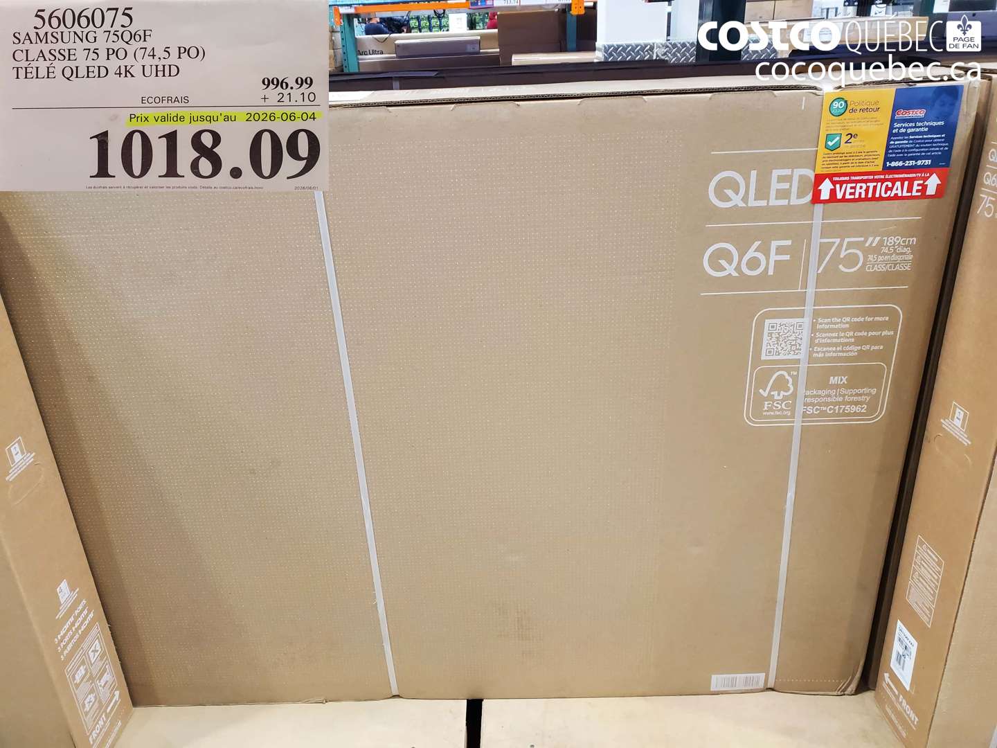 5606075 SAMSUNG 75Q6F CLASSE 75 PO (74.5 PO) TÉLÉ QLED 4K UHD (EXPIRES ON 2026-06-04) $1018.09