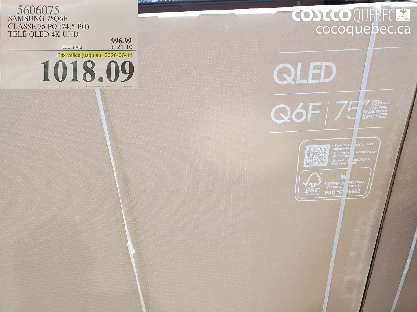 5606075 SAMSUNG 75Q6F CLASSE 75 PO (74.5 PO) TÉLÉ QLED 4K UHD (EXPIRES ON 2026-06-11) $1018.09