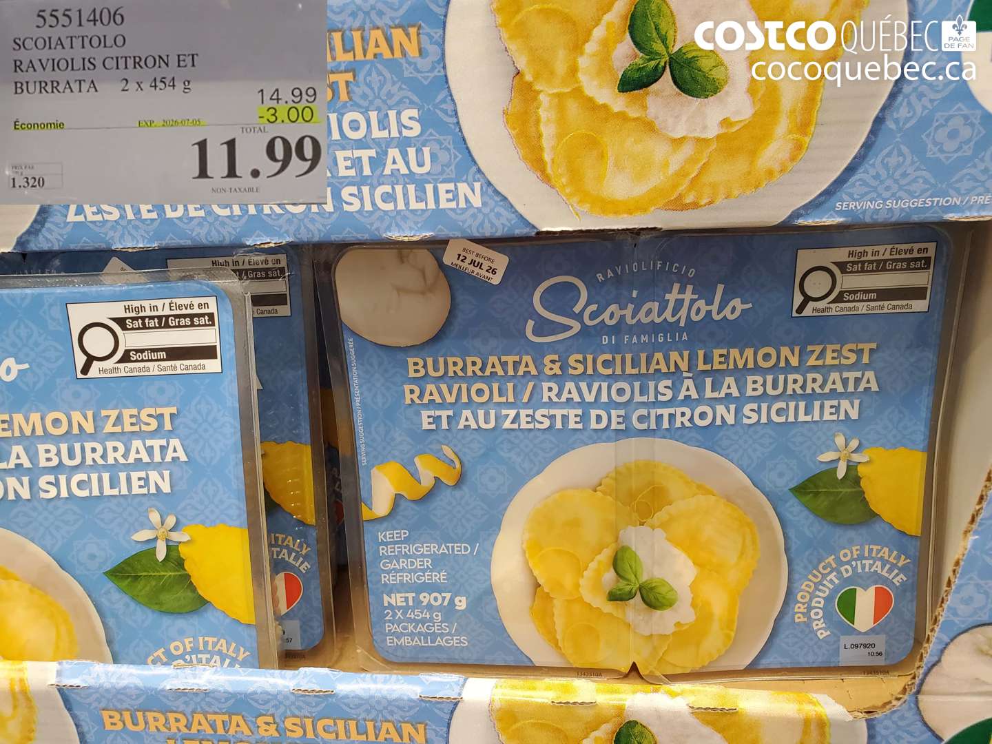 5551406 SCOIATTOLO RAVIOLIS CITRON ET BURRATA 2 x 454 G ($3.00 INSTANT SAVINGS EXPIRES ON 2026-07-05) $11.99