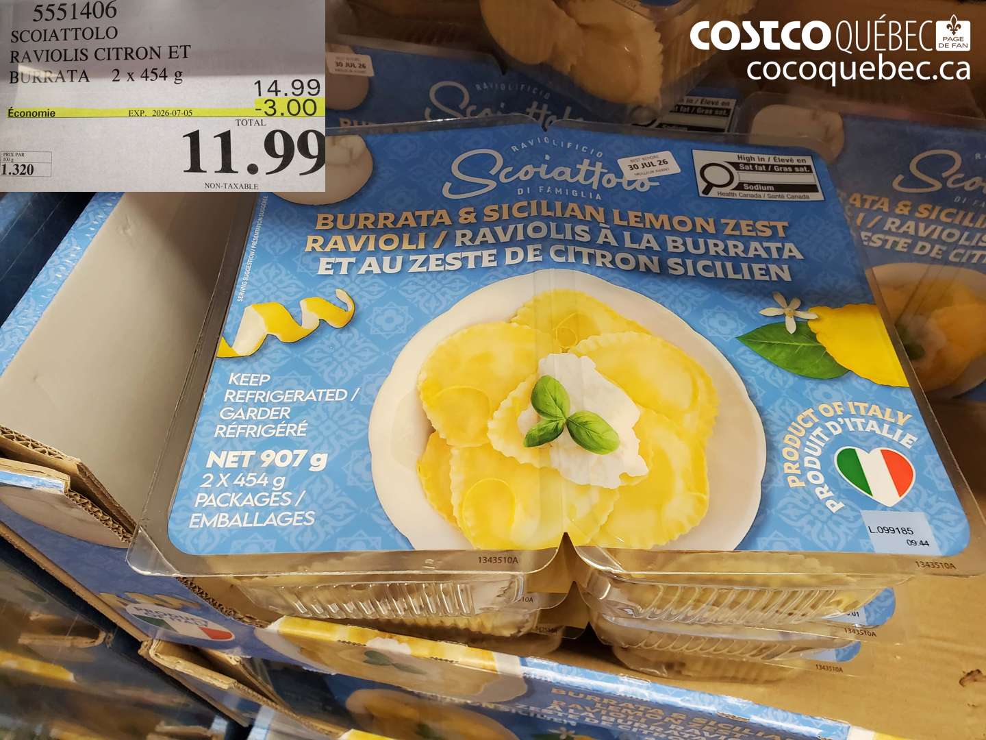 5551406 SCOLATTOLO RAVIOLIS CITRON ET BURRATA 2 X 454 G ($3.00 INSTANT SAVINGS EXPIRES ON 2026-07-05) $11.99