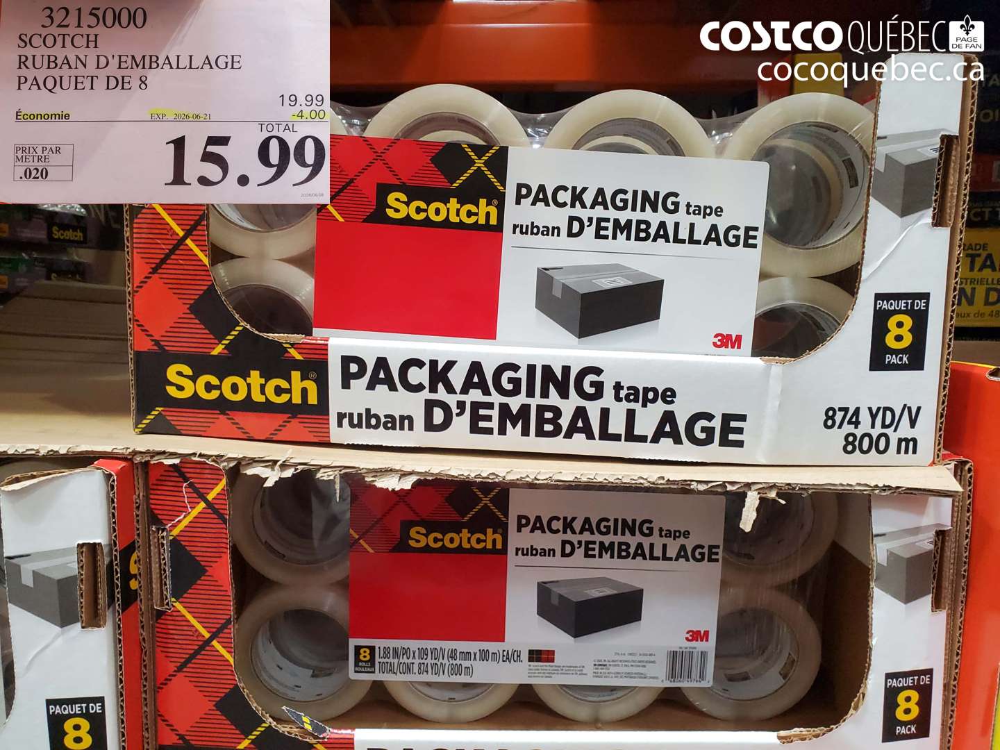 3215000 SCOTCH RUBAN D'EMBALLAGE PAQUET DE 8 ($4.00 INSTANT SAVINGS EXPIRES ON 2026-06-21) $15.99