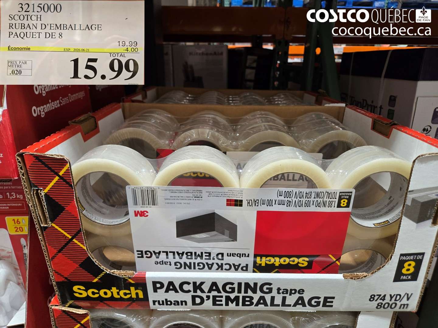 3215000 SCOTCH RUBAN D'EMBALLAGE PAQUET DE 8 ($4.00 INSTANT SAVINGS EXPIRES ON 2026-06-21) $15.99