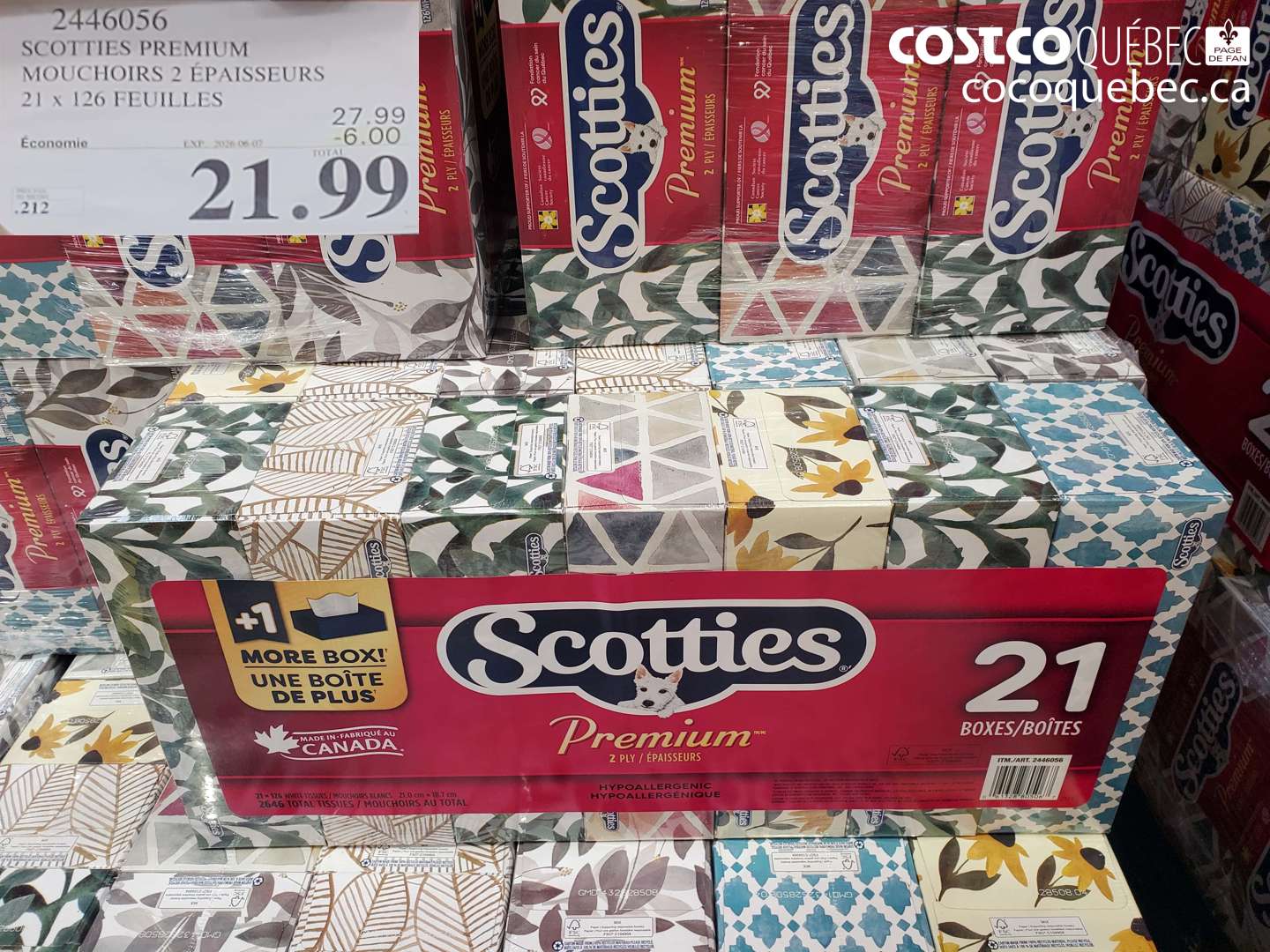 2446056 SCOTTIES PREMIUM MOUCHOIRS 2 ÉPAISSEURS 21 X 126 FEUILLES ($6.00 INSTANT SAVINGS EXPIRES ON 2026-09-17) $21.99