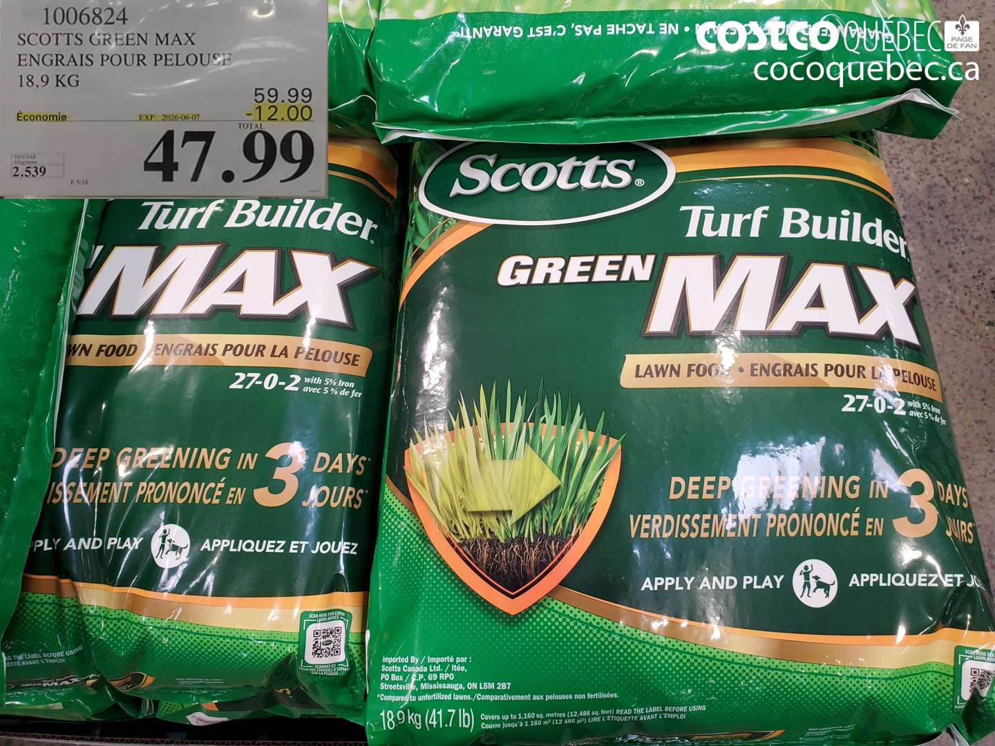 1006824 SCOTTS GREEN MAX ENGRAIS POUR PELOUSE 18.9 KG ($12.00 INSTANT SAVINGS EXPIRES ON 2026-06-07) $47.99