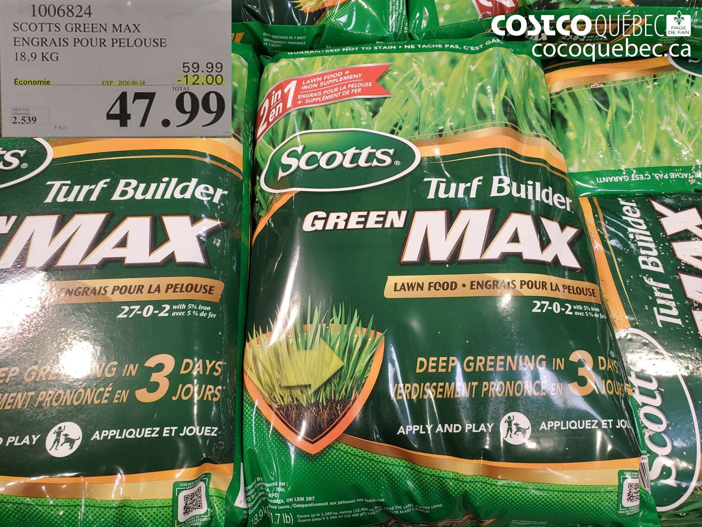1006824 SCOTTS GREEN MAX ENGRAIS POUR PELOUSE 18.9 KG ($12.00 INSTANT SAVINGS EXPIRES ON 2026-06-14) $47.99