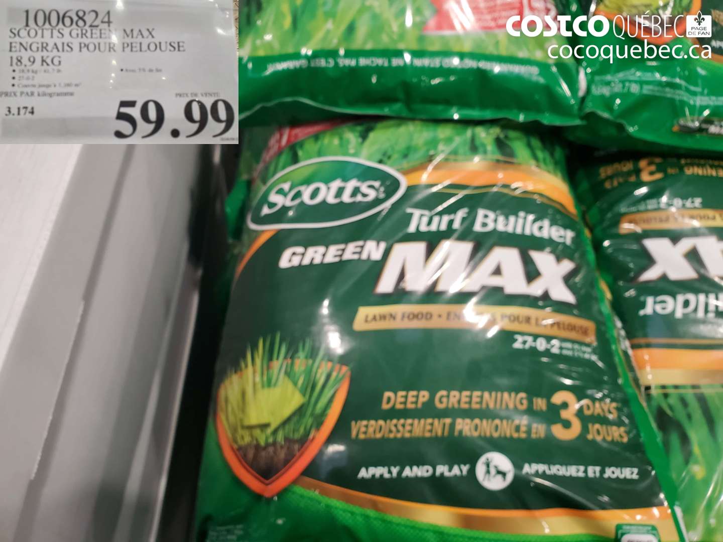1006824 SCOTTS GREEN MAX ENGRAIS POUR PELOUSE 18.9 KG $59.99