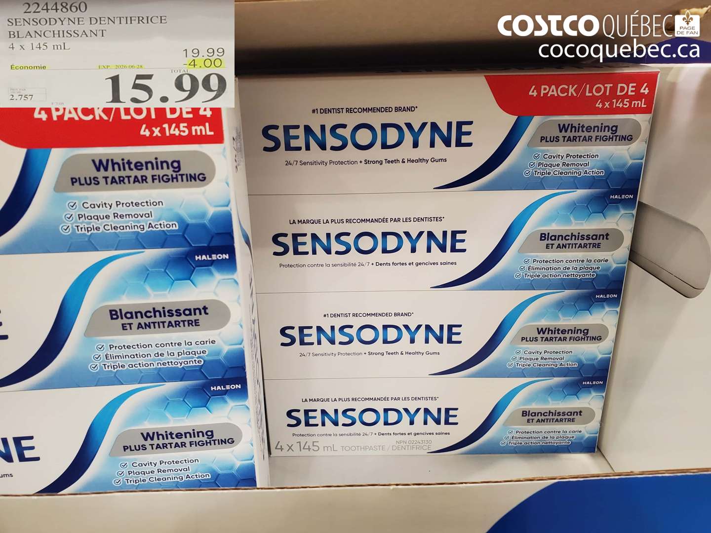 2244860 SENSODYNE DENTIFRICE BLANCHISSANT 4 x 145 ML ($4.00 INSTANT SAVINGS EXPIRES ON 2026-06-28) $15.99