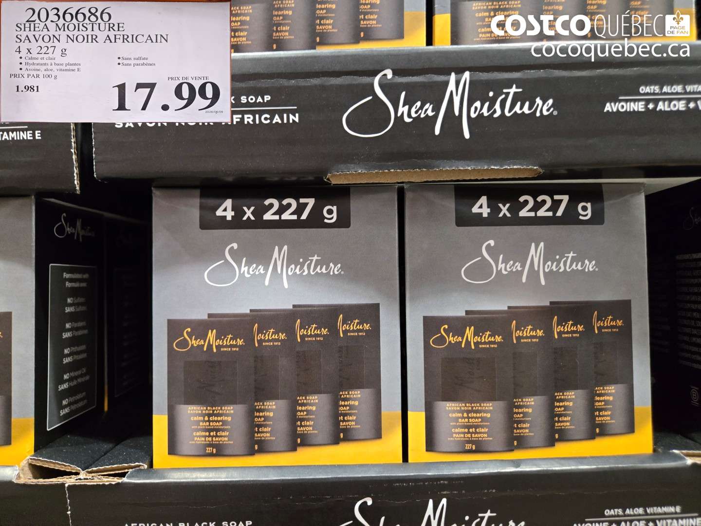 2036686 SHEA MOISTURE SAVON NOIR AFRICAIN 4 X 227 G $17.99