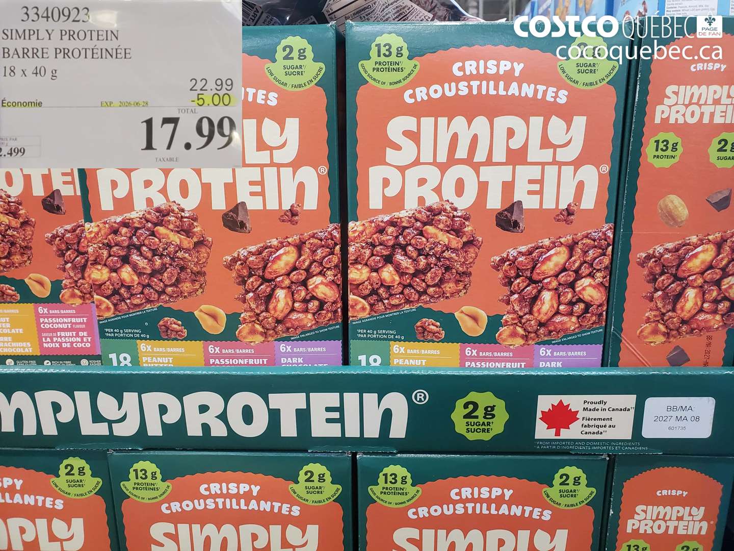 3340923 SIMPLY PROTEIN BARRE PROTÉINÉE 18 X 40 G ($5.00 INSTANT SAVINGS EXPIRES ON 2026-06-28) $17.99