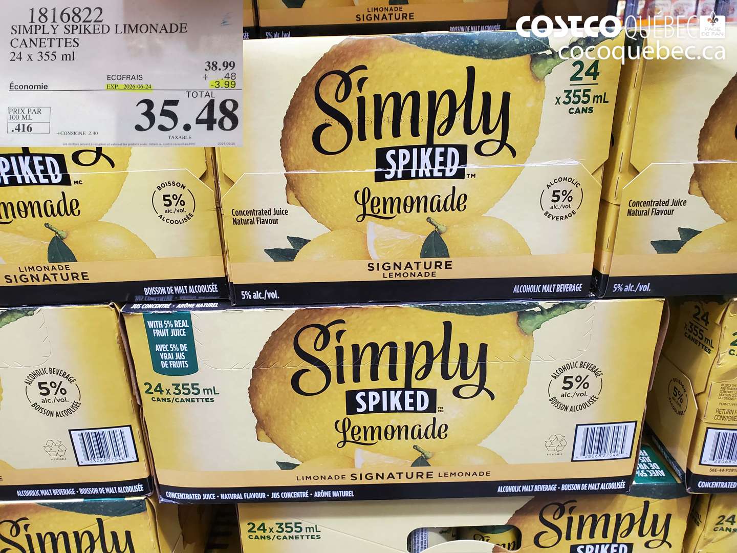 1816822 SIMPLY SPIKED LIMONADE CANETTES 24 X 355 ML ($3.99 INSTANT SAVINGS EXPIRES ON 2026-06-24) $35.48