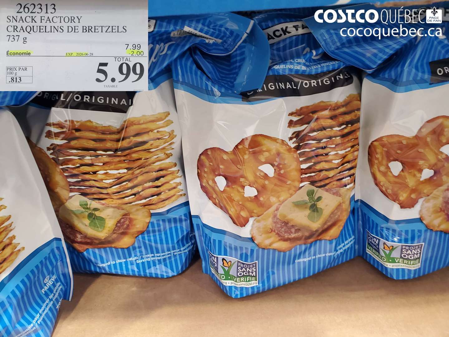 262313 SNACK FACTORY CRAQUELINS DE BRETZELS 737 G ($2.00 INSTANT SAVINGS EXPIRES ON 2026-06-28) $5.99