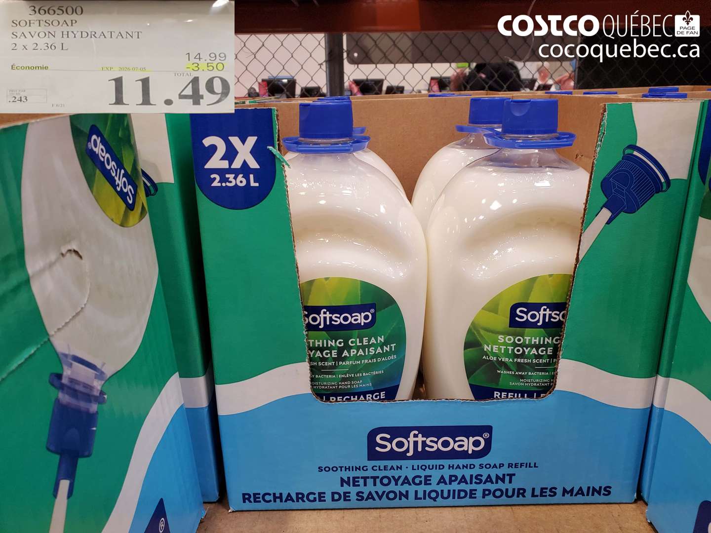 366500 SOFTSOAP SAVON HYDRATANT 2 X 2.36 L ($3.50 INSTANT SAVINGS EXPIRES ON 2026-07-05) $11.49