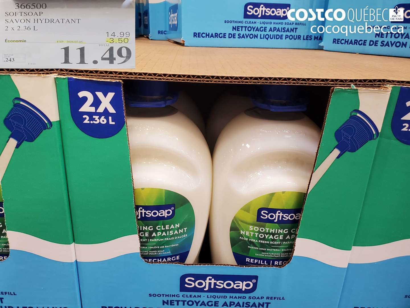 366500 SOFTSOAP SAVON HYDRATANT 2 X 2.36 L ($3.50 INSTANT SAVINGS EXPIRES ON 2026-07-05) $11.49