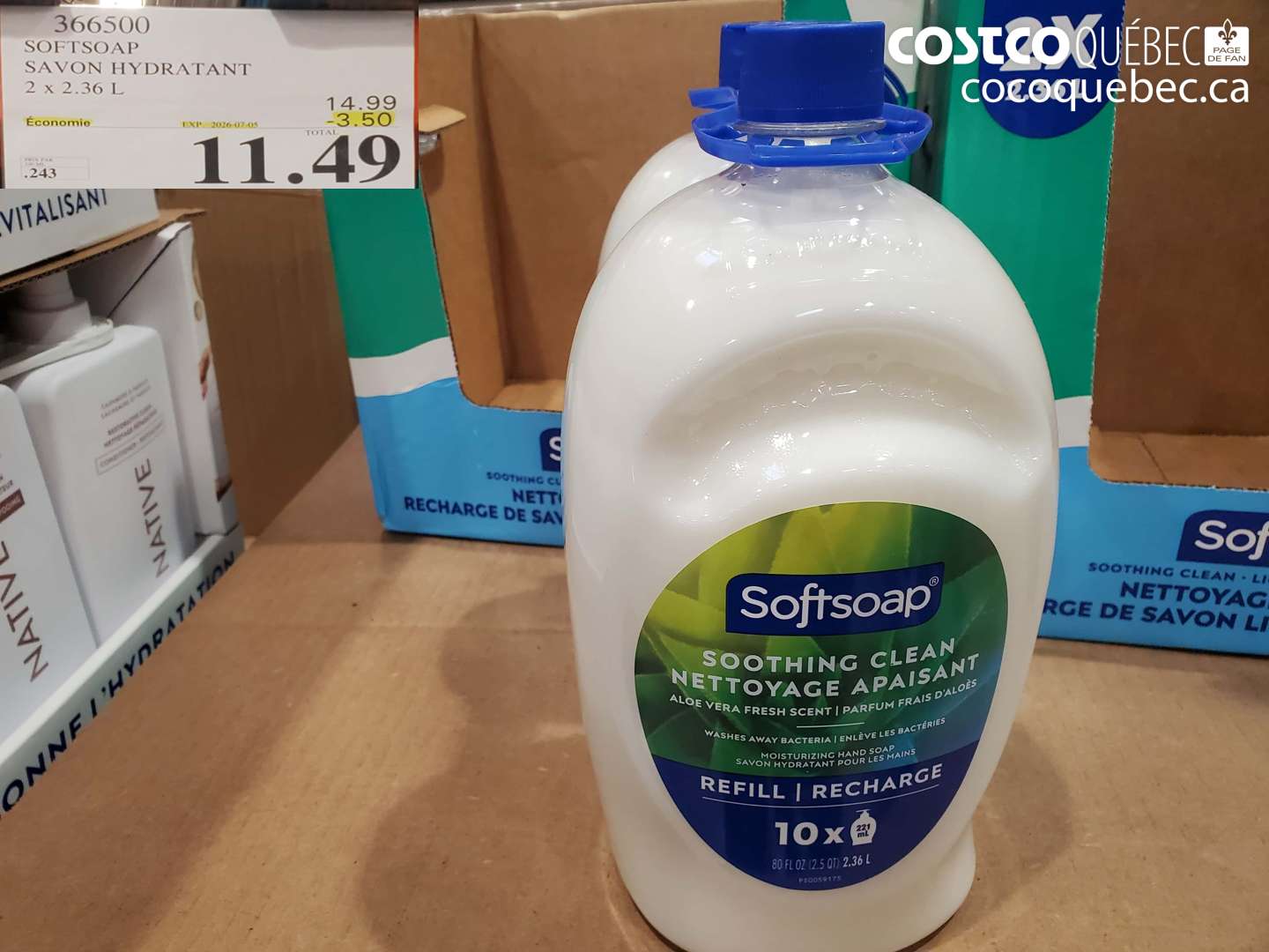 366500 SOFTSOAP SAVON HYDRATANT 2 X 2.36 L ($3.50 INSTANT SAVINGS EXPIRES ON 2026-07-05) $11.49