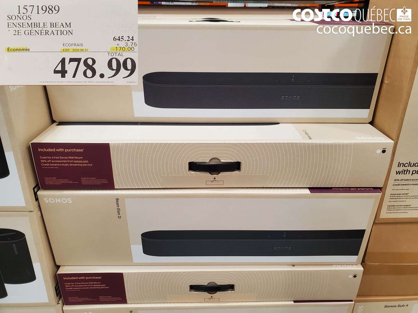 1571989 SONOS ENSEMBLE BEAM 2E GÉNÉRATION ($170.00 INSTANT SAVINGS EXPIRES ON 2026-06-21) $478.99