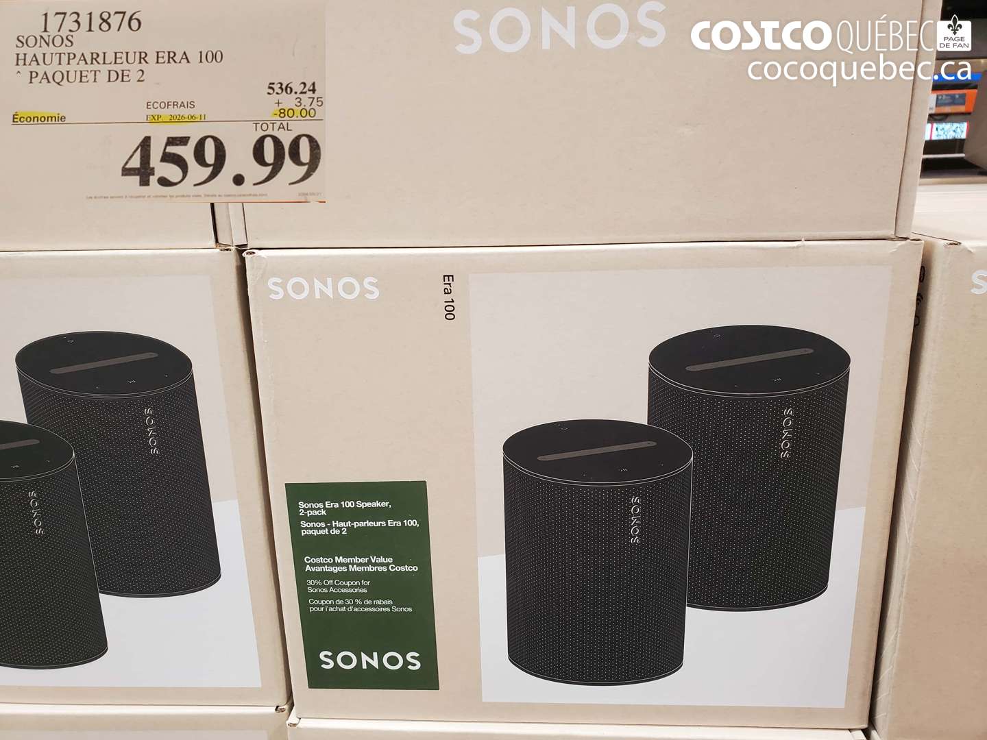 1731876 SONOS HAUTPARLEUR ERA 100 PAQUET DE 2 ($80.00 INSTANT SAVINGS EXPIRES ON 2026-06-11) $459.99