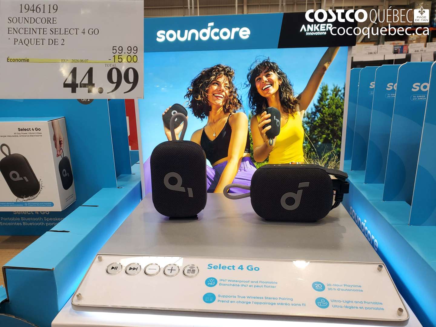 1946119 SOUNDCORE ENCEINTE SELECT 4 GO PAQUET DE 2 ($15.00 INSTANT SAVINGS EXPIRES ON 2026-06-07) $44.99