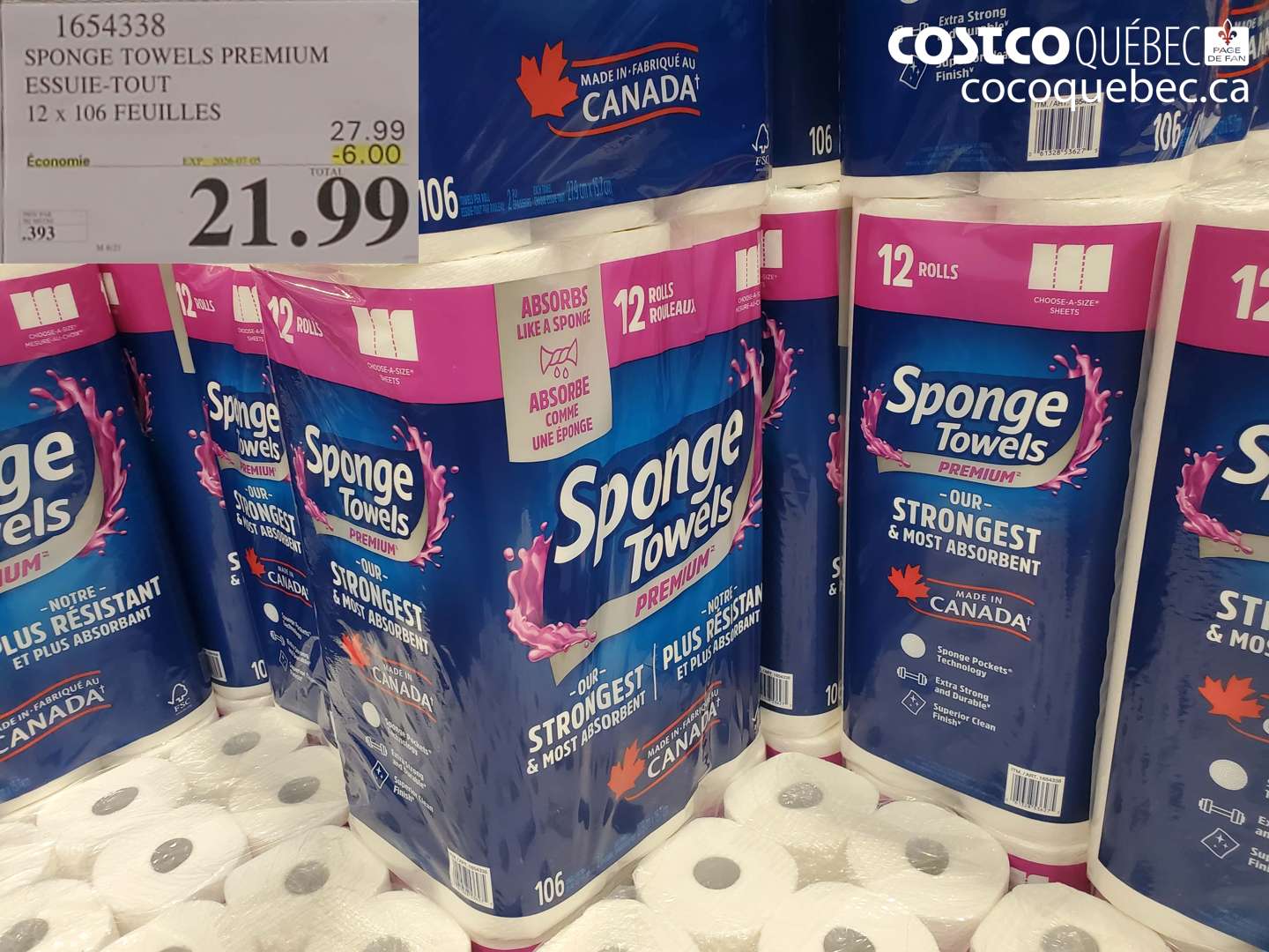 1654338 SPONGE TOWELS PREMIUM ESSUIE-TOUT 12 X 106 FEUILLES ($6.00 INSTANT SAVINGS EXPIRES ON 2026-07-26) $21.99