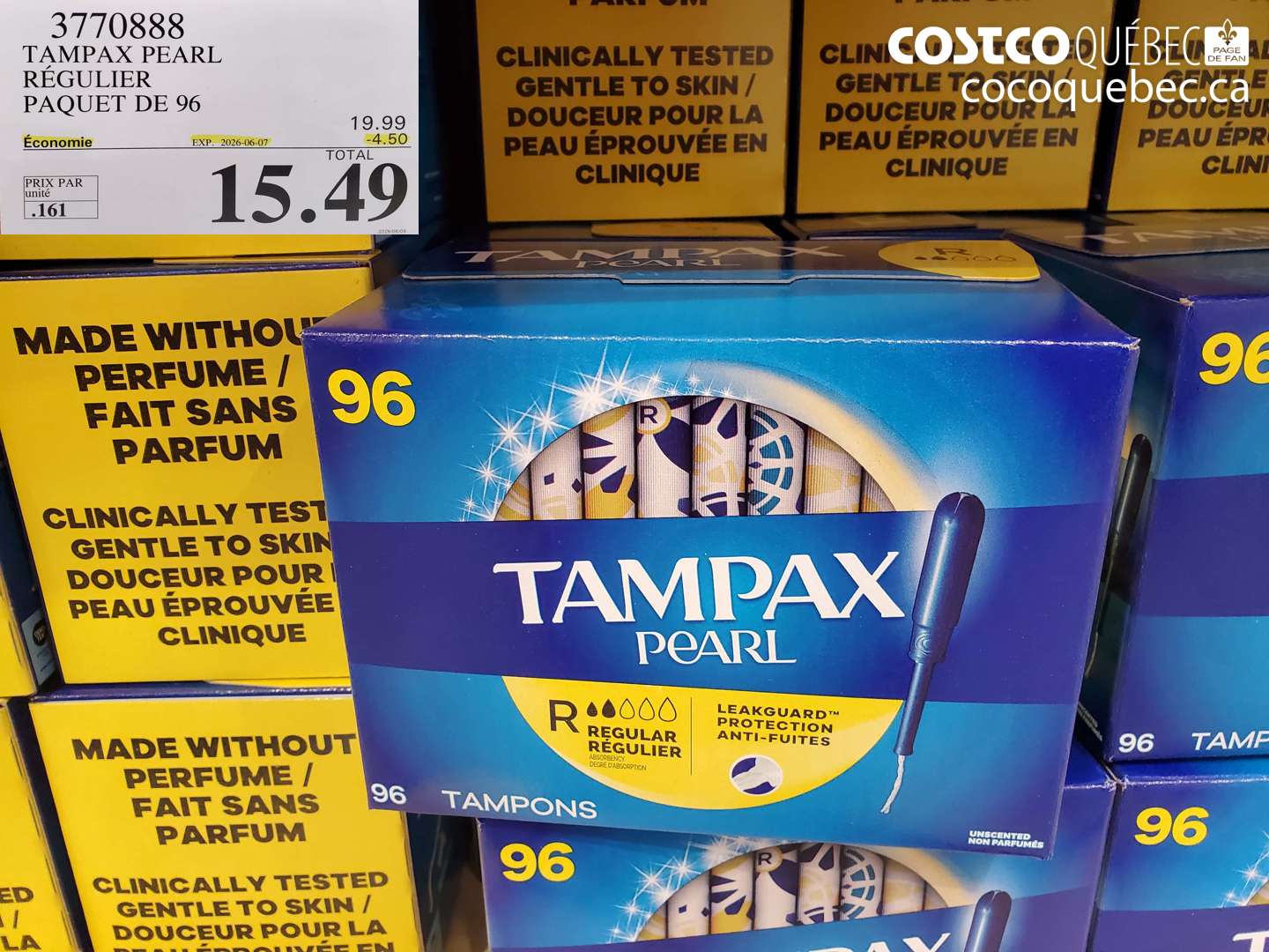 3770888 TAMPAX PEARL RÉGULIER PAQUET DE 96 ($4.50 INSTANT SAVINGS EXPIRES ON 2026-06-07) $15.49