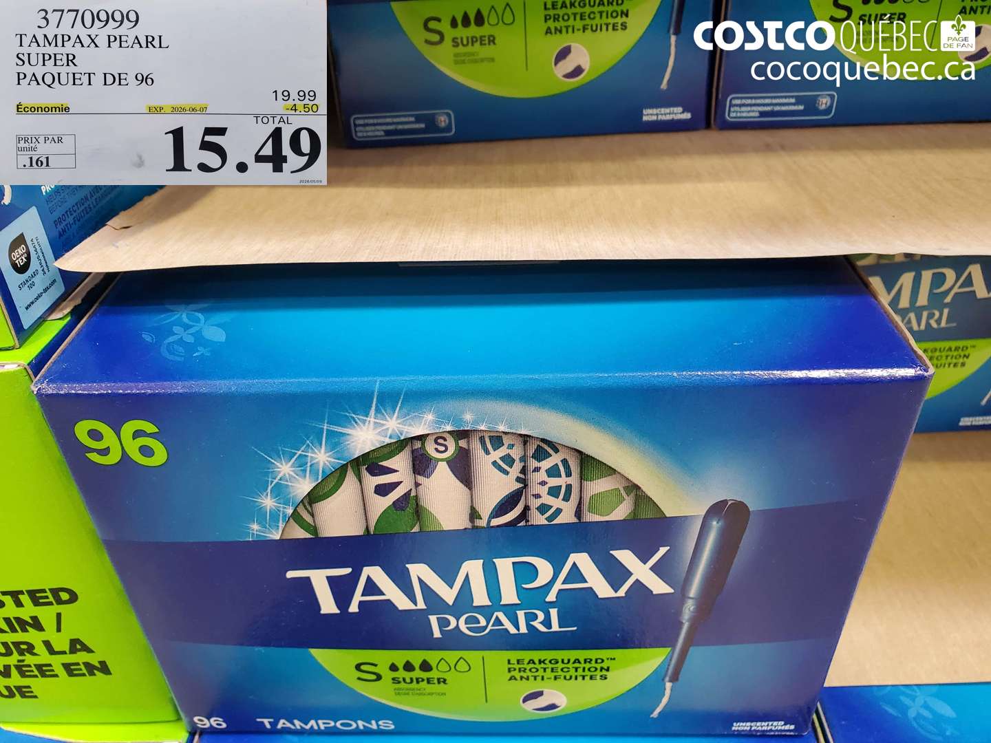 3770999 TAMPAX PEARL SUPER PAQUET DE 96 ($4.50 INSTANT SAVINGS EXPIRES ON 2026-06-07) $15.49