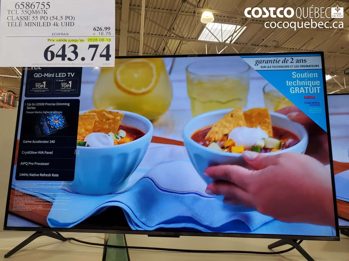 6586755 TCL 55QM67K CLASSE 55 PO (54.5 PO) TÉLÉ MINILED 4K UHD (EXPIRES ON 2026-06-18) $643.74