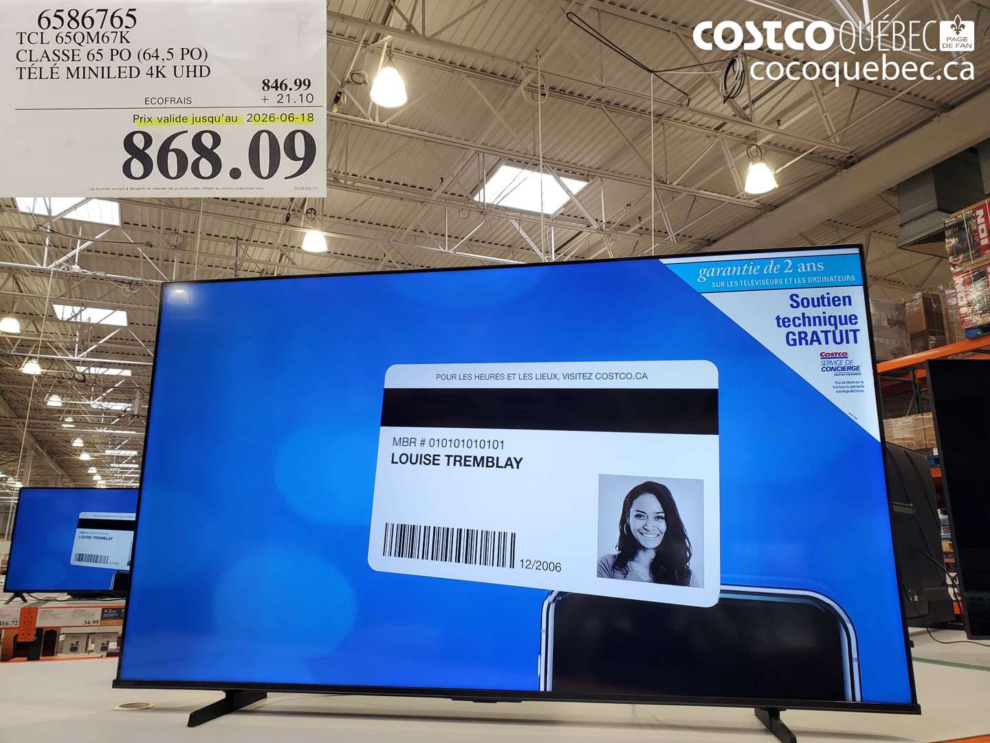 6586765 TCL 65QM67K CLASSE 65 PO (64.5 PO) TÉLÉ MINILED 4K UHD (EXPIRES ON 2026-06-18) $868.09