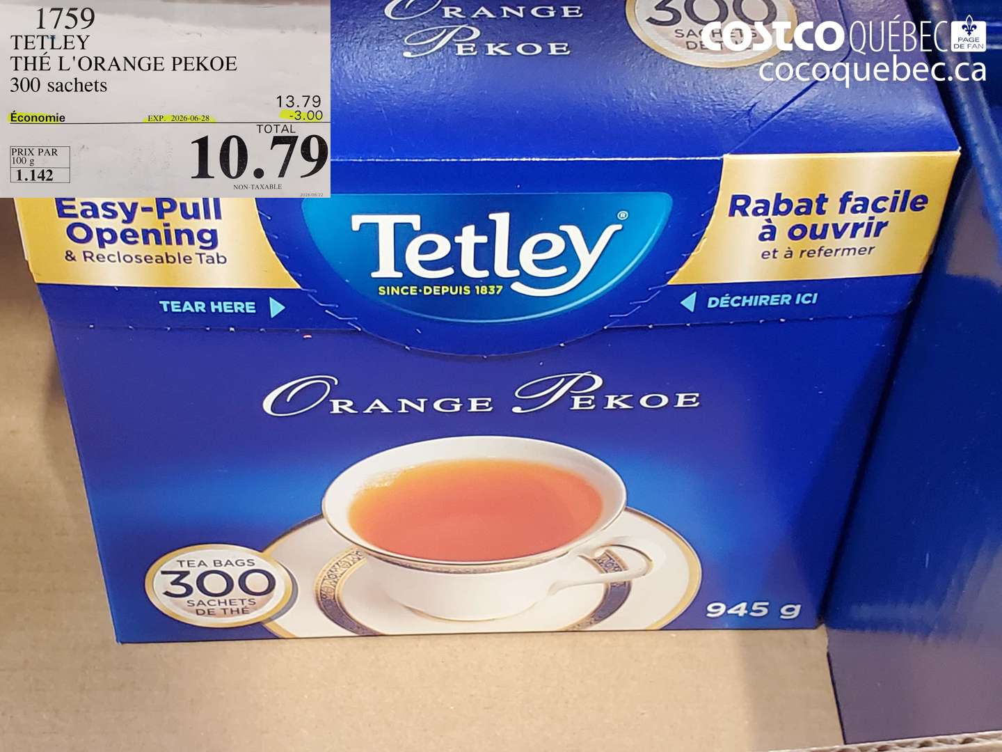 1759 TETLEY THÉ L'ORANGE PEKOE 300 SACHETS ($3.00 INSTANT SAVINGS EXPIRES ON 2026-06-28) $10.79