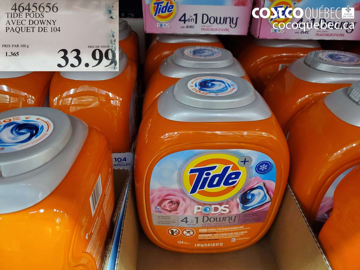 4645656 TIDE PODS AVEC DOWNY PAQUET DE 104 $33.99
