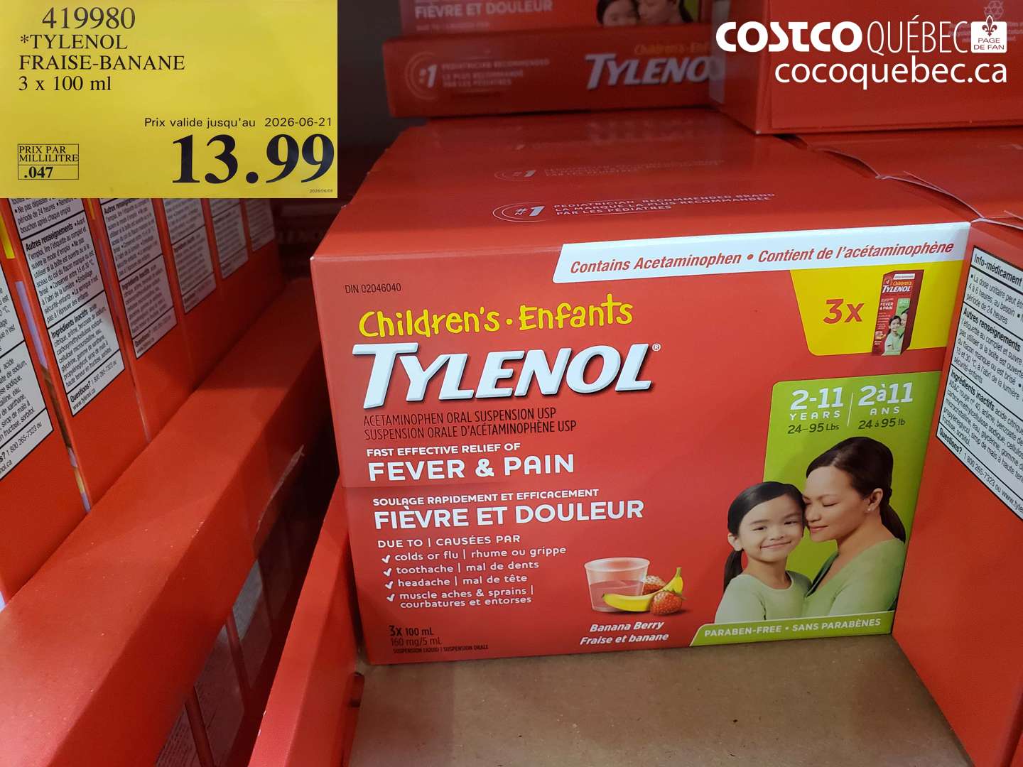 419980 TYLENOL FRAISE-BANANE 3 X 100 ML (EXPIRES ON 2026-06-21) $13.99