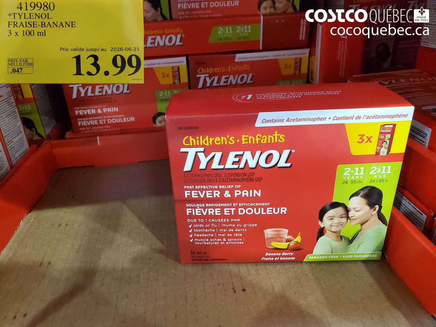 419980 TYLENOL FRAISE-BANANE 3 X 100 ML (EXPIRES ON 2026-06-21) $13.99