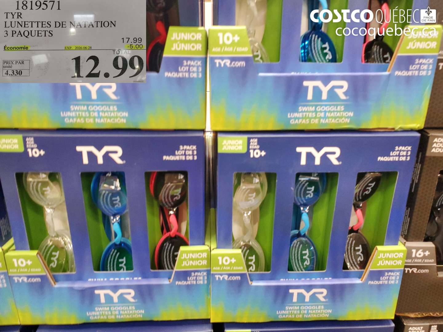 1819571 TYR LUNETTES DE NATATION 3 PAQUETS ($5.00 INSTANT SAVINGS EXPIRES ON 2026-06-28) $12.99