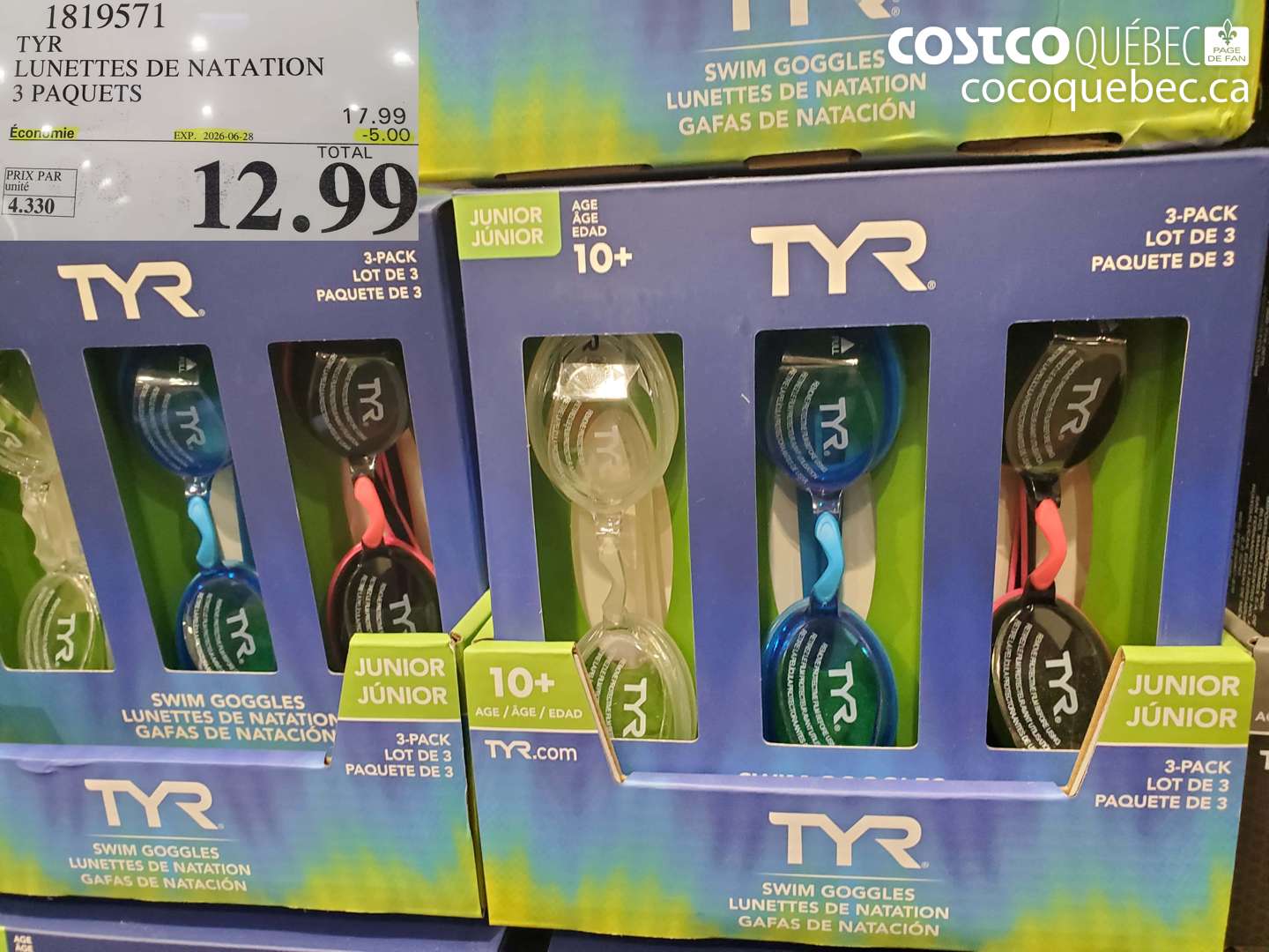 1819571 TYR LUNETTES DE NATATION 3 PAQUETS ($5.00 INSTANT SAVINGS EXPIRES ON 2026-06-28) $12.99