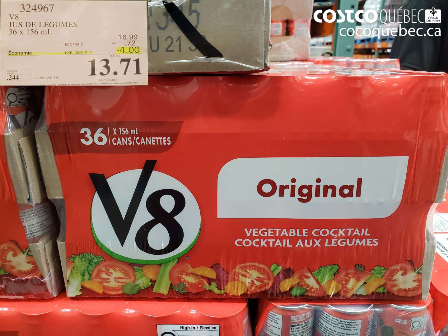 324967 V8 JUS DE LÉGUMES 36 X 156 ML ($4.00 INSTANT SAVINGS EXPIRES ON 2026-07-05) $13.71