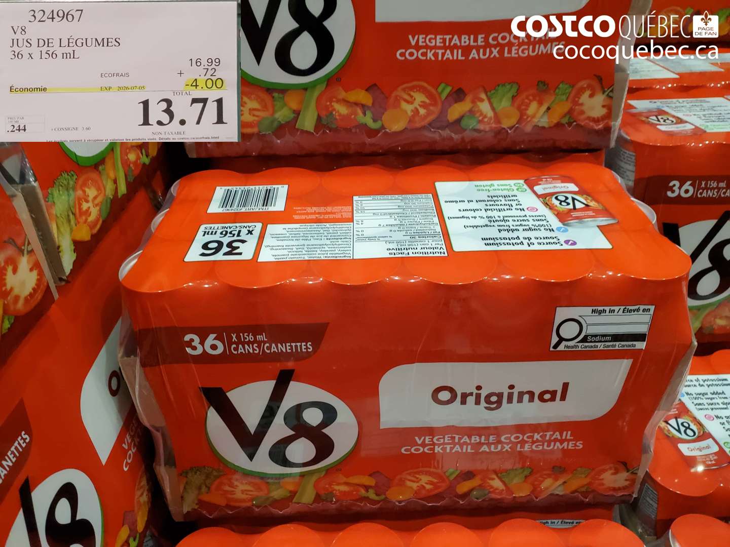 324967 V8 JUS DE LÉGUMES 36 X 156 ML ($4.00 INSTANT SAVINGS EXPIRES ON 2026-07-05) $13.71