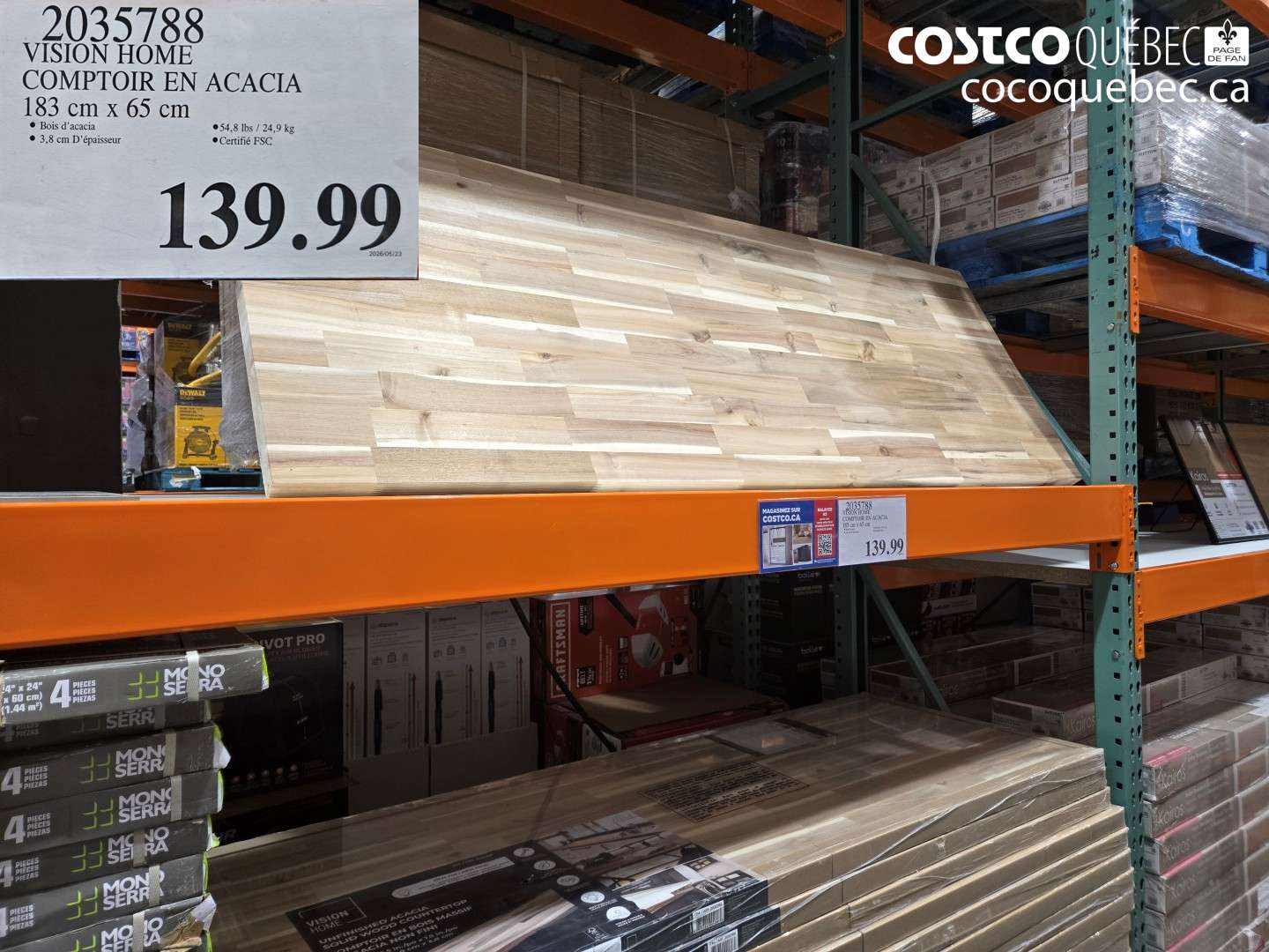 2035788 VISION HOME COMPTOIR EN ACACIA 183 CM X 65 CM $139.99