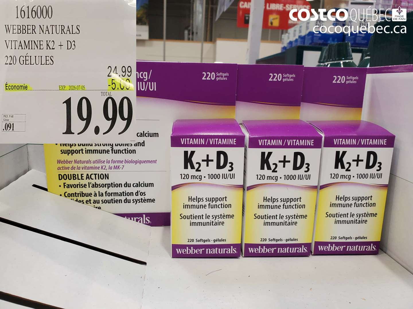 1616000 WEBBER NATURALS VITAMINE K2 + D3 220 GÉLULES ($5.00 INSTANT SAVINGS EXPIRES ON 2026-07-05) $19.99