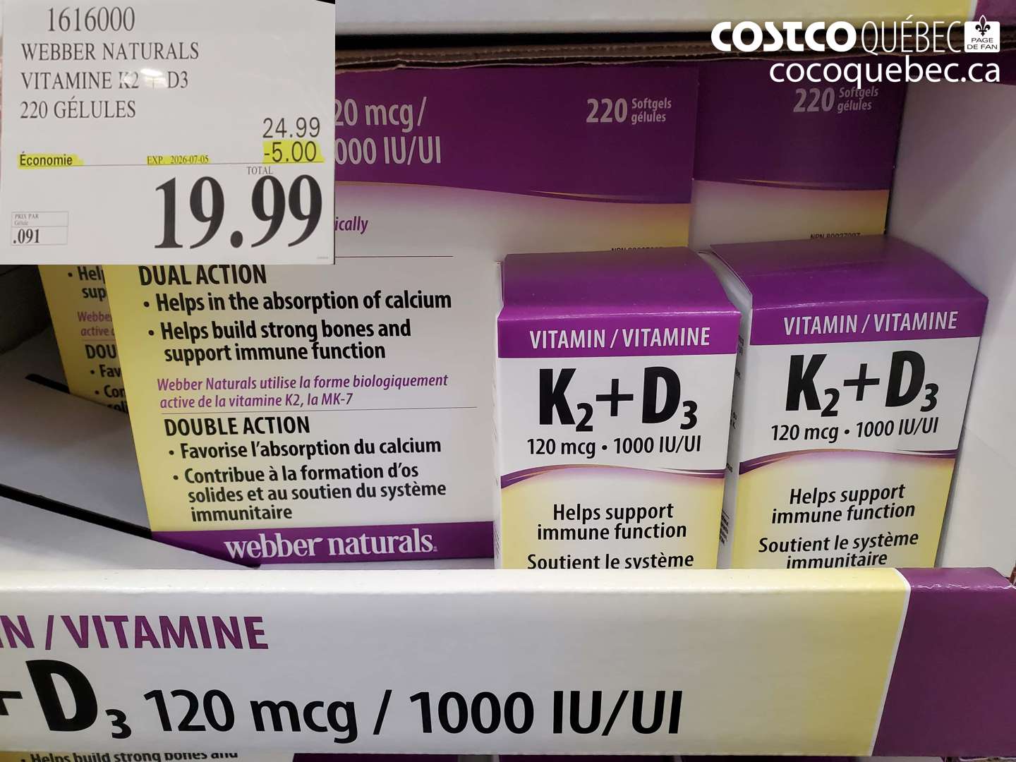 1616000 WEBBER NATURALS VITAMINE K2 + D3 220 GÉLULES ($5.00 INSTANT SAVINGS EXPIRES ON 2026-07-05) $19.99