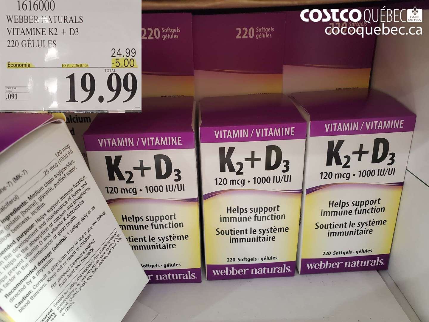 1616000 WEBBER NATURALS VITAMINE K2 + D3 220 GÉLULES ($5.00 INSTANT SAVINGS EXPIRES ON 2026-07-05) $19.99