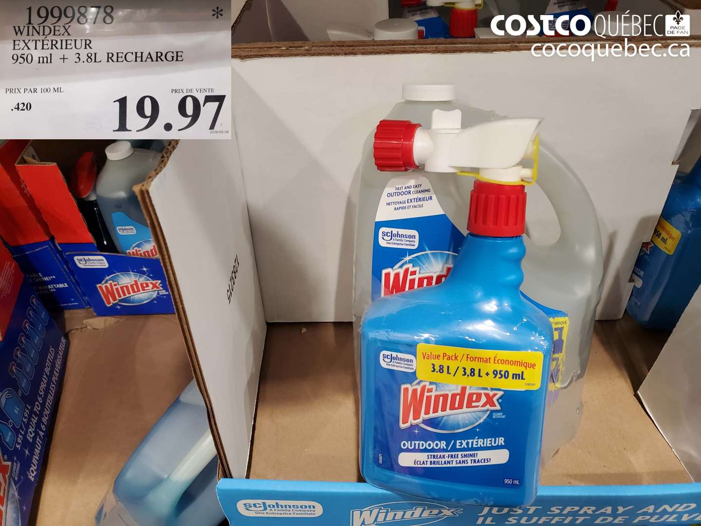 1999878 WINDEX EXTÉRIEUR 950 ML + 3.8L RECHARGE $19.97