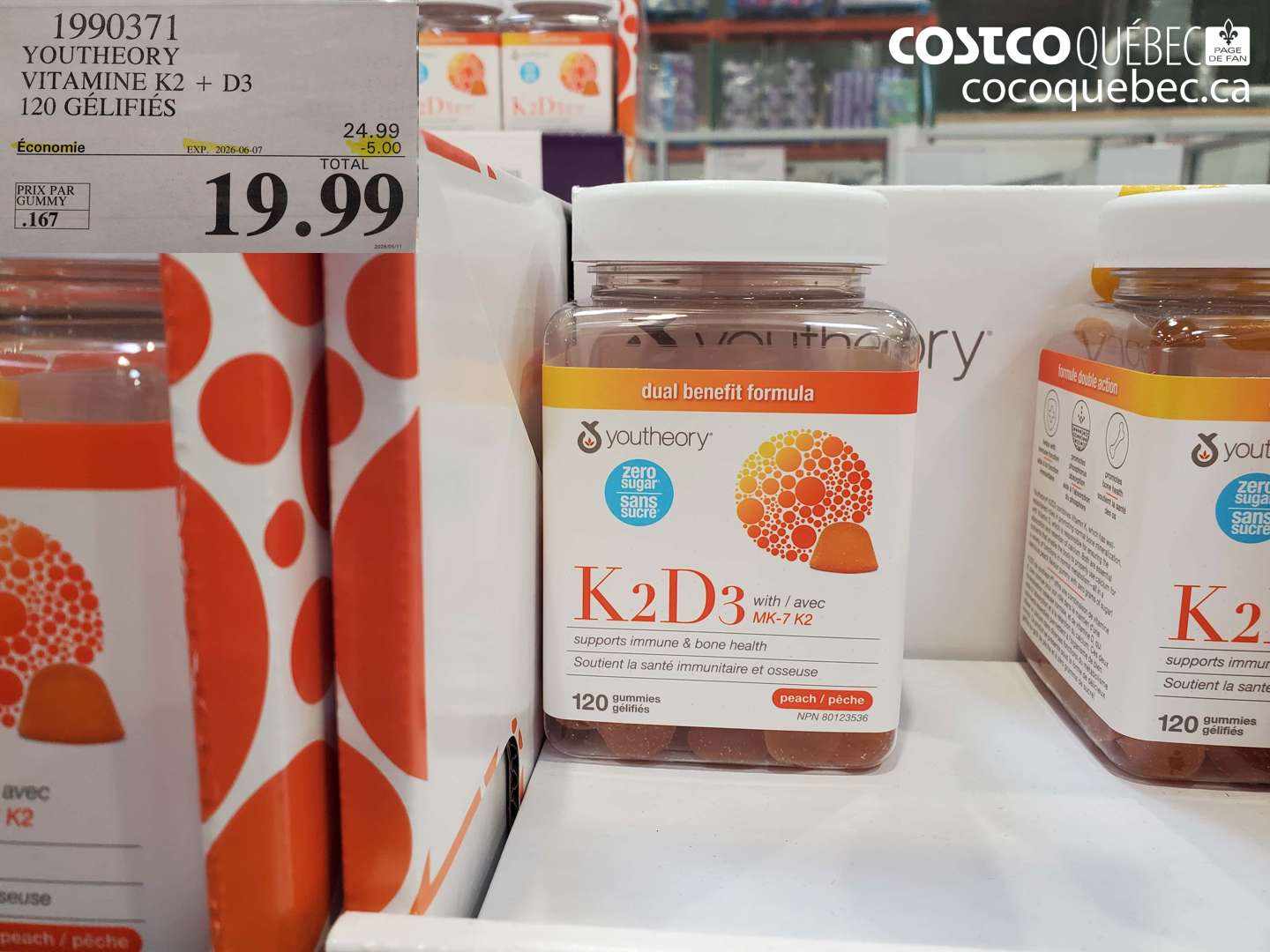 1990371 YOUTHEORY VITAMINE K2 + D3 120 GÉLIFIÉS ($5.00 INSTANT SAVINGS EXPIRES ON 2026-06-07) $19.99