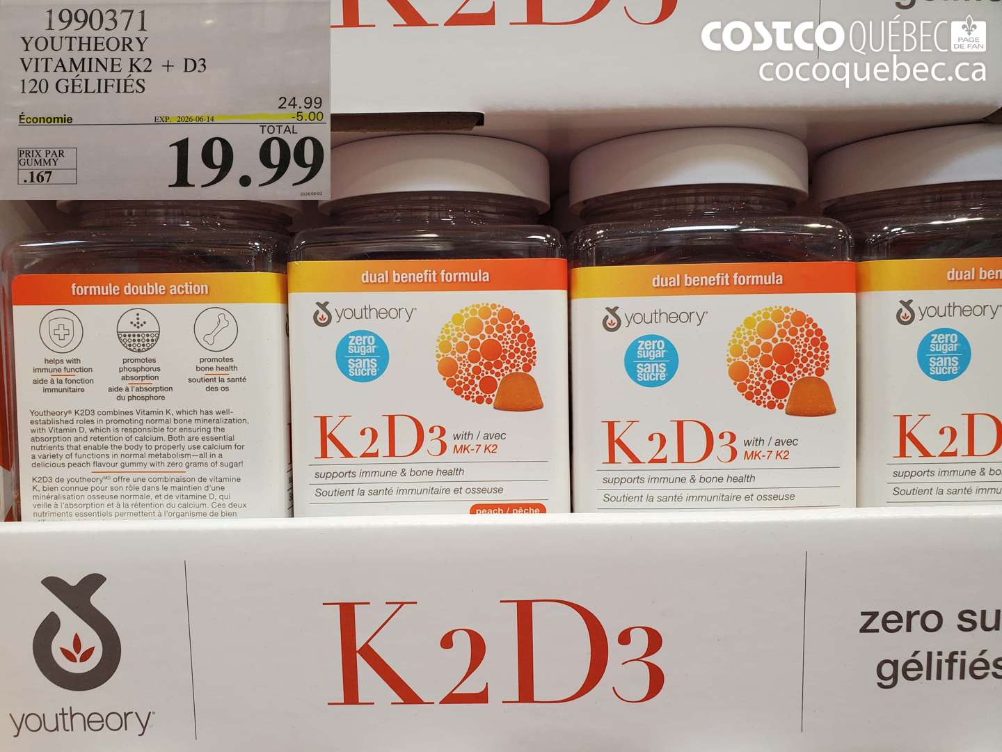 1990371 YOUTHEORY VITAMINE K2 + D3 120 GÉLIFIÉS ($5.00 INSTANT SAVINGS EXPIRES ON 2026-06-14) $19.99
